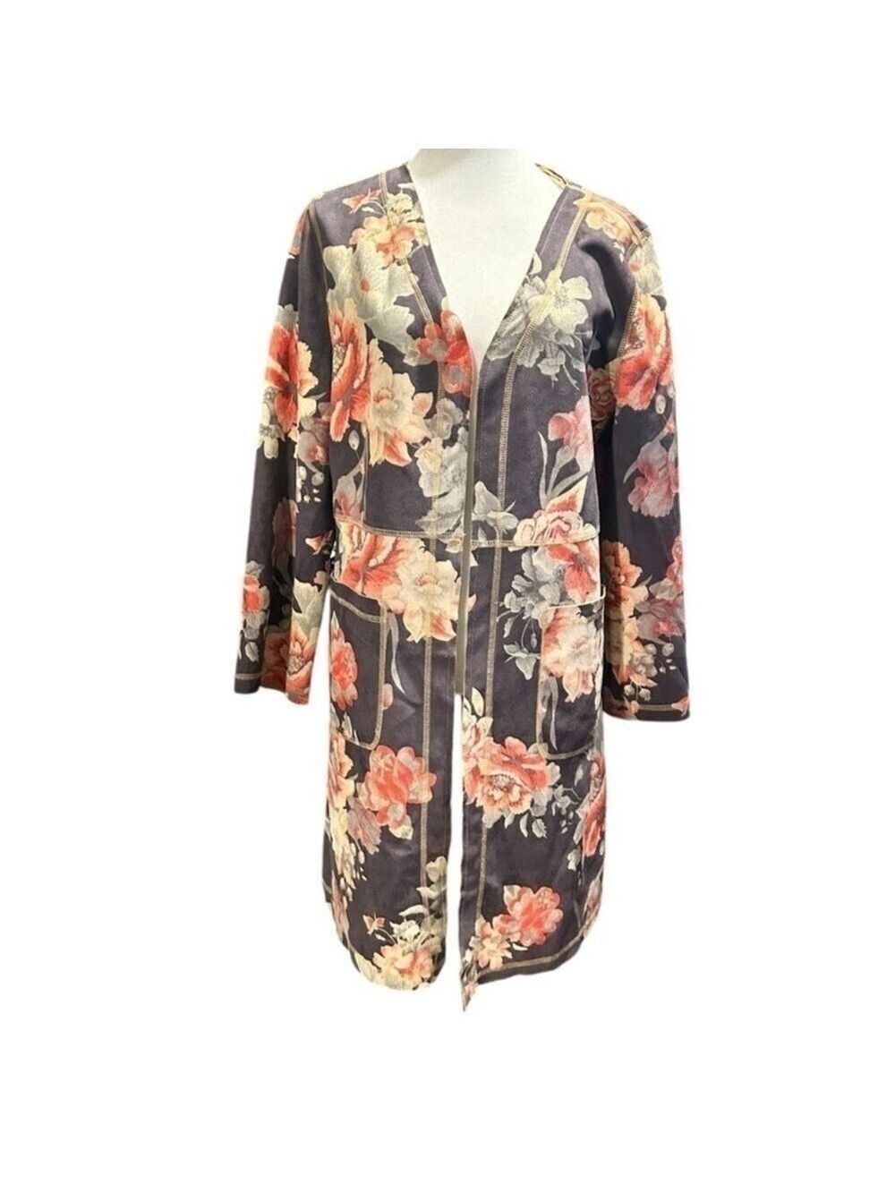 SOLITAIRE Anthropologie Cardigan Faux Suede Duster Floral Kimono Jacket Sz M EC